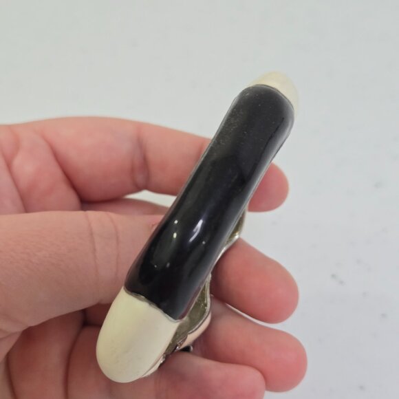 Vintage 80s Panda Bracelet Enamel Rhinestone Stretch Bangle Figural Silver Tone - Picture 9 of 10